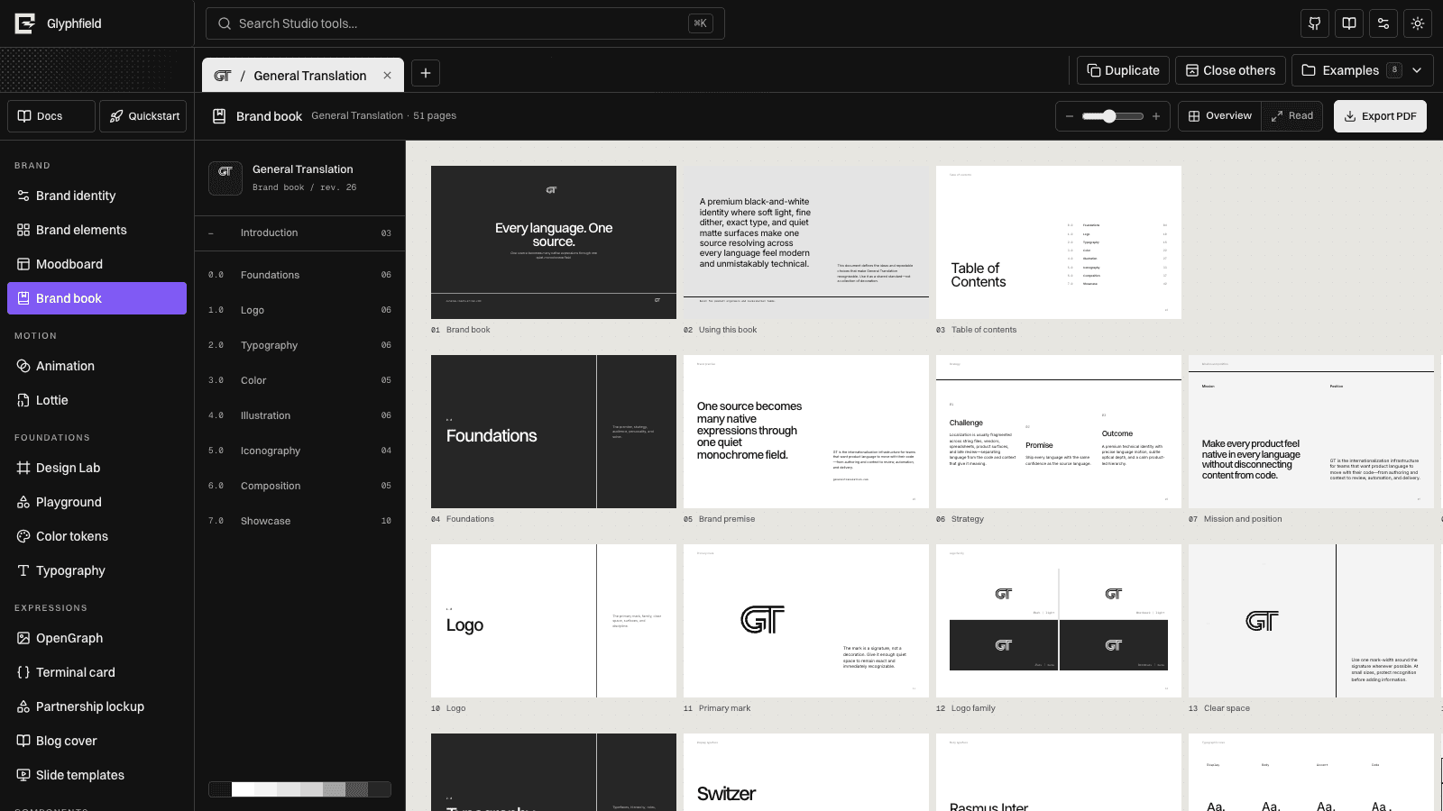 Glyphfield Brand Book overview showing a multi-page General Translation identity system
