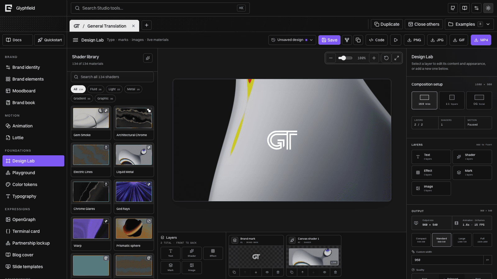 Glyphfield Design Lab with a live shader canvas, Shader Library, layer dock, and output controls