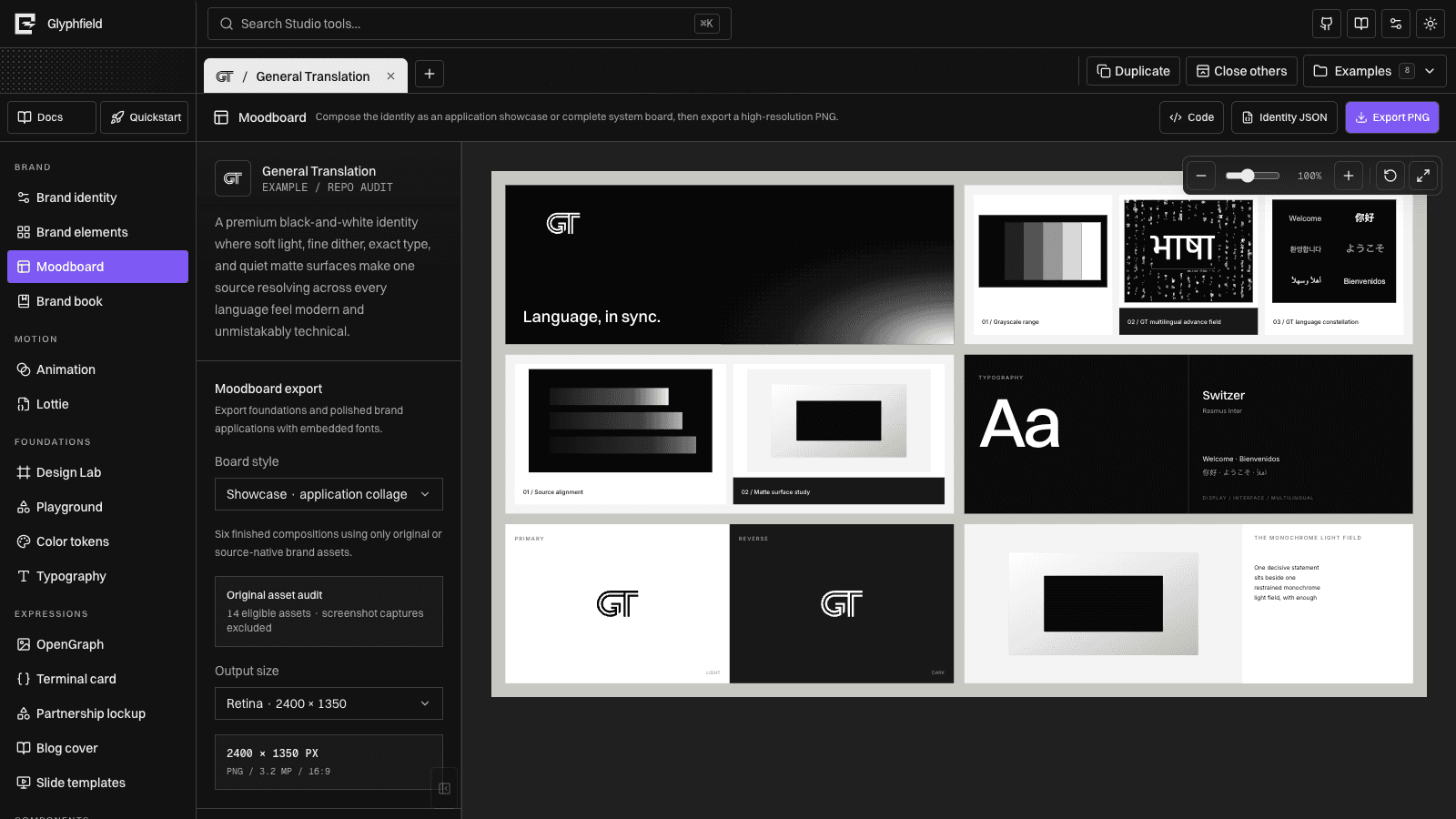 General Translation moodboard artifact in Glyphfield